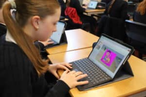 A girl using her Surface Pro in a Master Class lesson. 